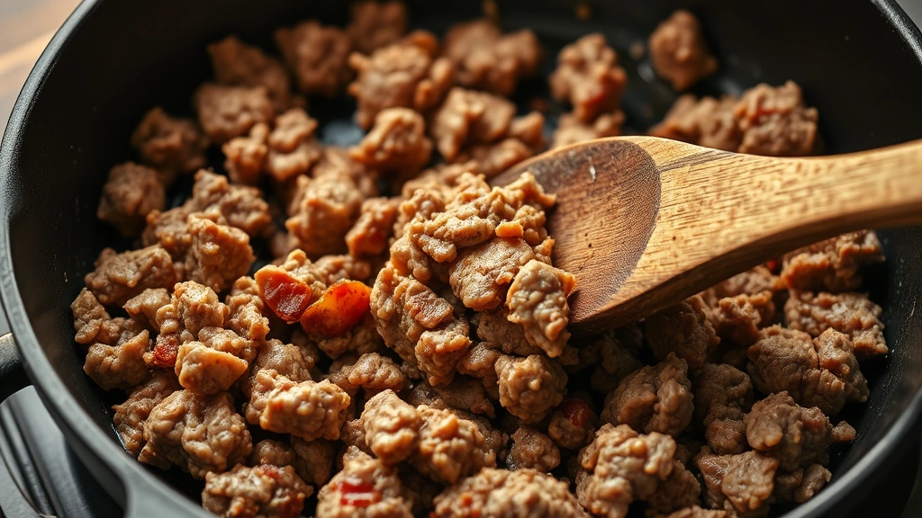 process: Close-up action shot of ground beef browning in a cast iron skillet with a wooden spoon breaking it apart, showing the golden-brown crust forming on the meat, bacon grease visible, photorealistic, warm natural lighting from above, no text