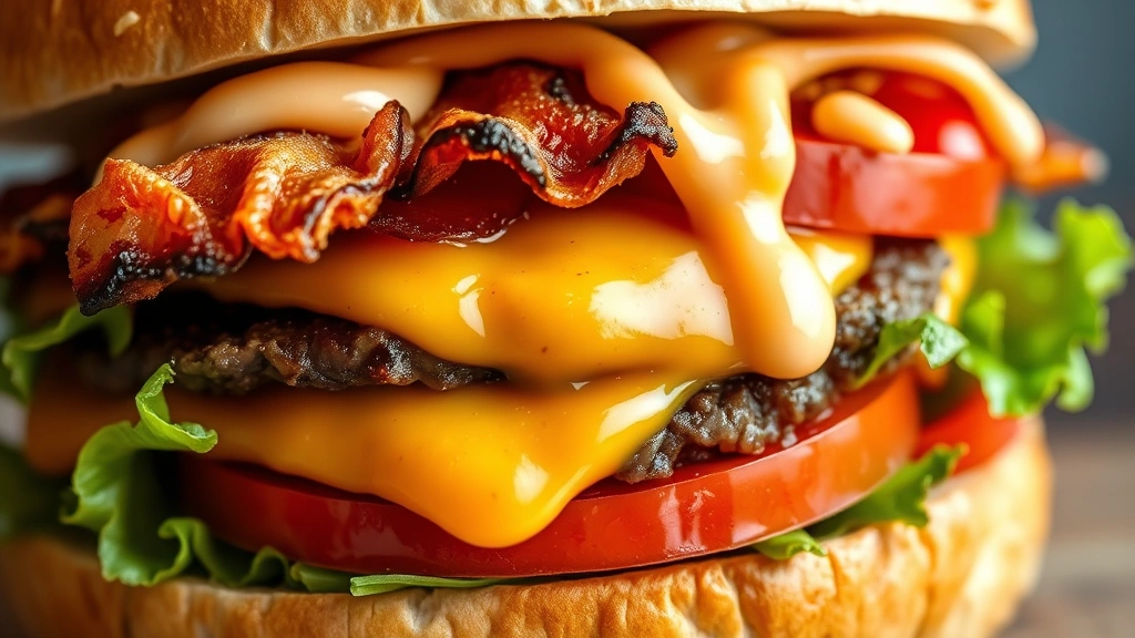detail: Extreme close-up of a completed burger bowl showing the layers of crispy bacon, melted cheese clinging to warm beef, fresh lettuce, vibrant red tomatoes, and a drizzle of creamy burger sauce, photorealistic, soft natural side lighting highlighting textures, no text