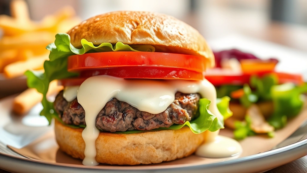 hero: perfectly plated burger with creamy sauce dripping down the side, juicy beef patty, fresh lettuce and tomato, toasted bun, photorealistic, natural bright daylight, no text or watermarks