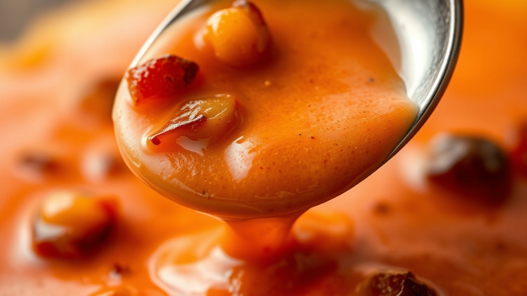 detail: close-up macro shot of burger sauce with visible relish pieces and creamy texture, dripping from a spoon, photorealistic, natural light, no text