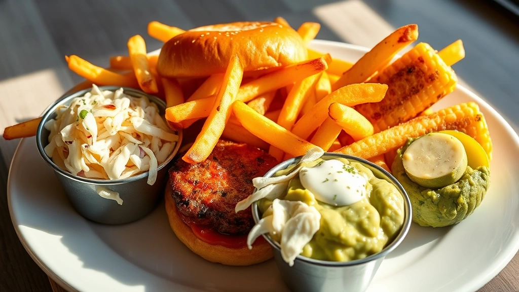 hero: perfectly plated burger sides including golden crispy fries, creamy coleslaw, grilled corn with herb butter, and fresh guacamole on white ceramic platter, photorealistic, natural daylight streaming in, professional food styling, no text