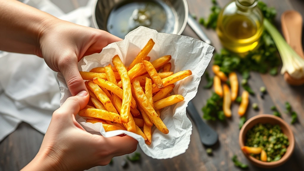 process: hands holding golden crispy fries over paper towels, oil sizzling in background, fresh herbs and ingredients scattered nearby, photorealistic, natural light, no text