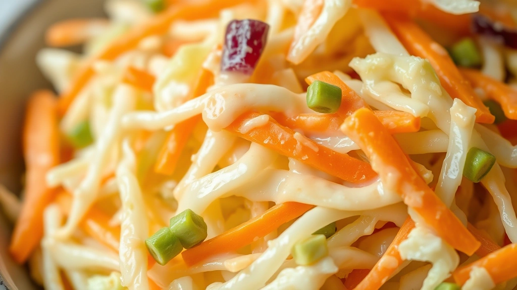 detail: close-up macro shot of coleslaw with shredded cabbage and carrots glistening with creamy dressing, photorealistic, natural light, shallow depth of field, no text