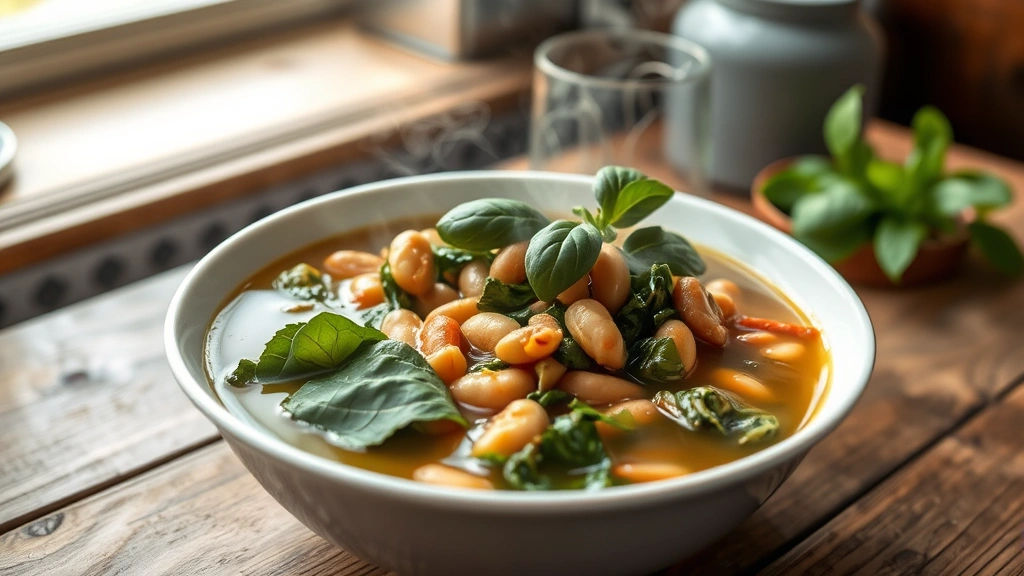 hero: steaming bowl of vegetable soup with spinach and beans, fresh basil garnish, white ceramic bowl, soft window light, rustic wooden table, cozy kitchen setting, no text