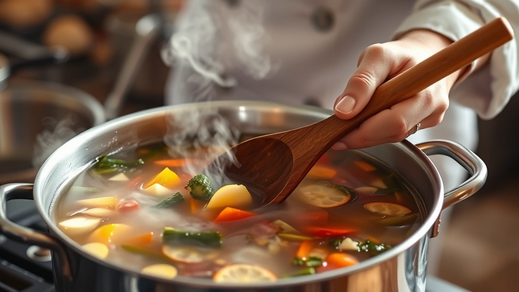 process: chef stirring pot of soup with wooden spoon, visible vegetables and broth, steam rising, warm kitchen lighting, stainless steel pot, action shot, no text