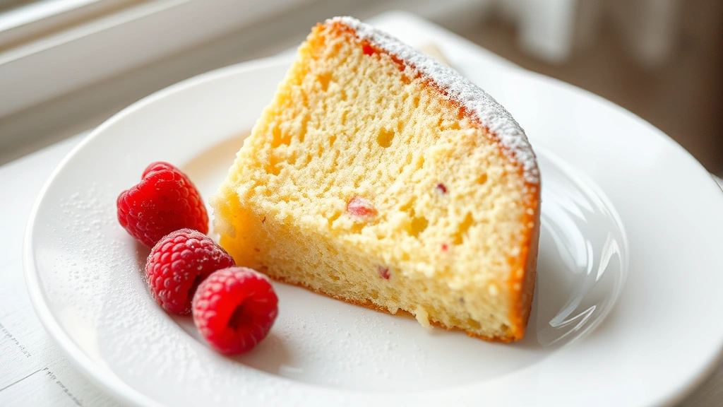 hero: golden butter cake slice on white plate with powdered sugar dusting, fresh raspberries on side, soft natural window light, shallow depth of field, no text