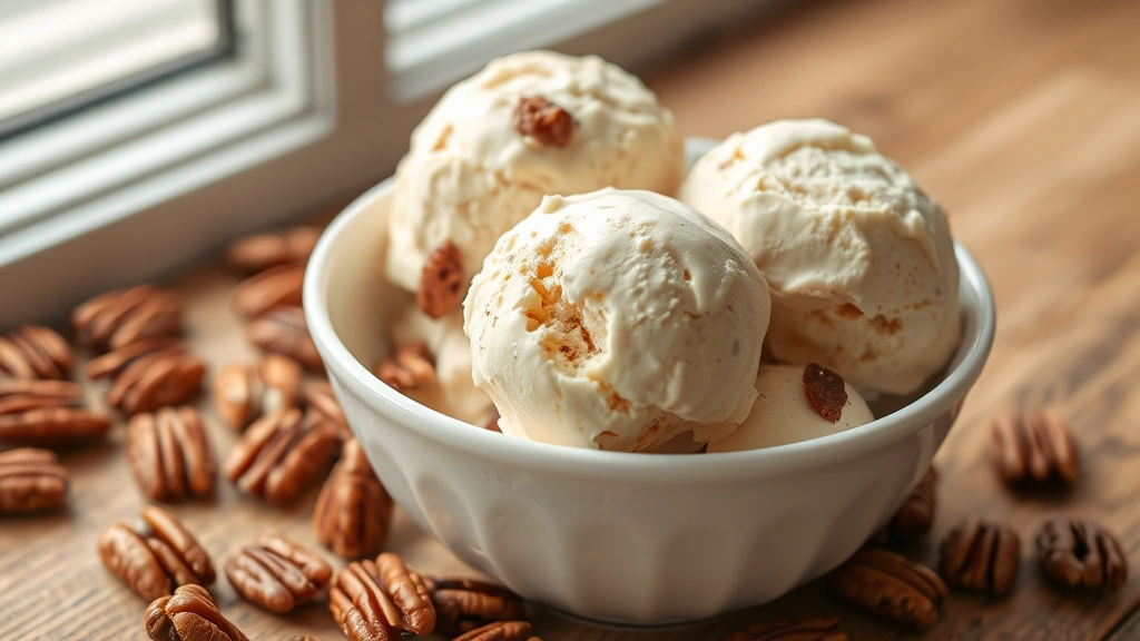 hero: creamy butter pecan ice cream scoops in a white bowl, with whole toasted pecans scattered around, golden-brown pecans visible in the ice cream, natural soft window lighting, wooden surface background, no text