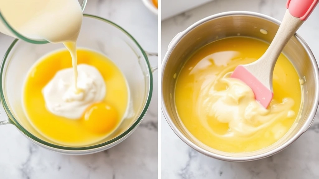 process: pouring hot cream into whisked egg yolks, close-up of tempering eggs, silicone spatula visible, steam rising, natural kitchen lighting, no text