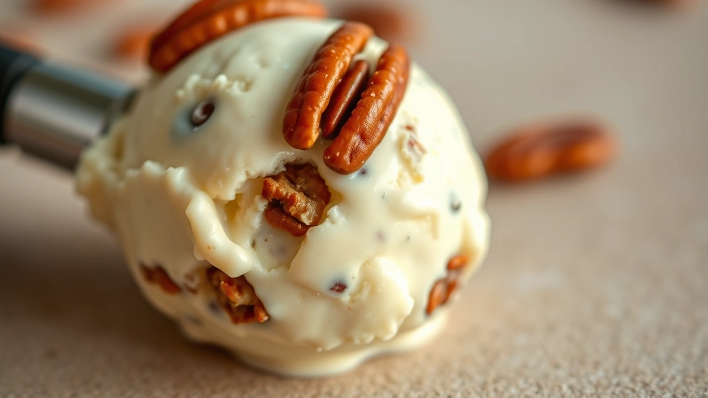 detail: close-up of single ice cream scoop showing toasted pecan pieces embedded in creamy vanilla base, shallow depth of field, warm natural lighting, isolated on neutral background, no text