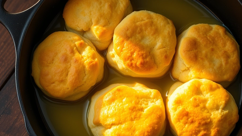 hero: golden butter swim biscuits in cast iron skillet, melted butter pooling around them, photorealistic, warm natural lighting, top-down angle, no text