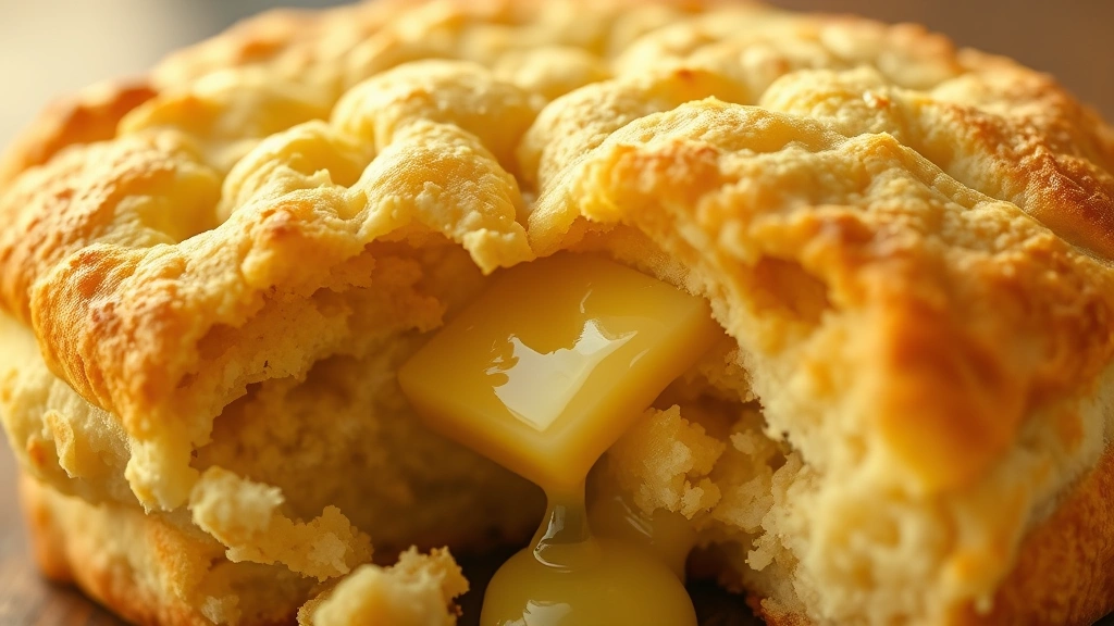 detail: split open warm butter swim biscuit showing flaky layers, melted butter dripping, photorealistic macro shot, golden hour lighting, no text