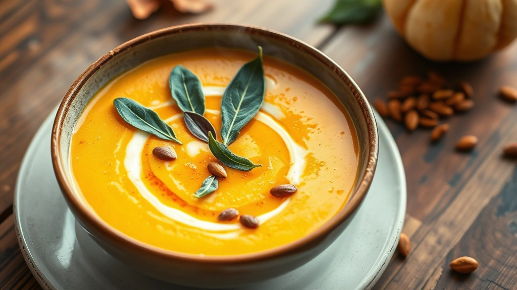 hero: Bowl of creamy buttercup squash soup garnished with crispy sage leaves and toasted pumpkin seeds, swirl of brown butter, rustic wooden table, warm autumn lighting, steam rising from bowl, no text