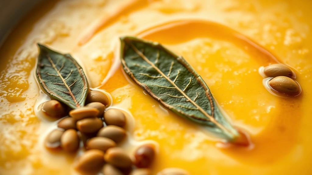 detail: Close-up of soup surface showing garnish details—crispy sage leaf, pumpkin seeds, brown butter drizzle, creamy texture visible, warm lighting, shallow depth of field, no text