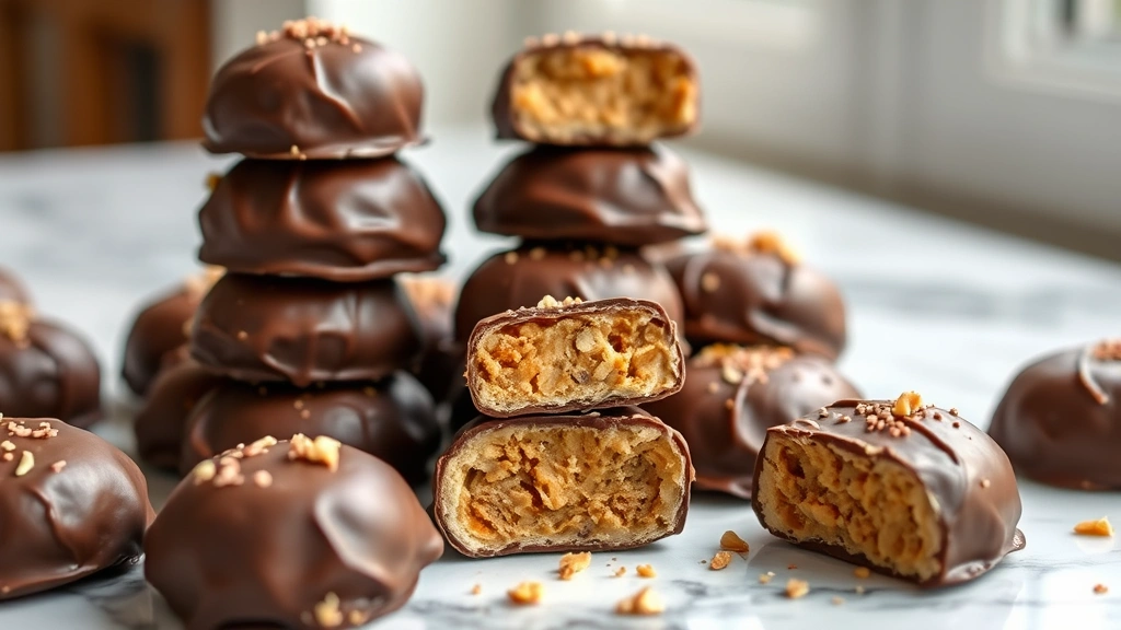 hero: homemade butterfinger balls stacked in pyramid, chocolate coating glistening, some showing cross-section with peanut butter filling, scattered on marble surface, photorealistic, natural window light, no text
