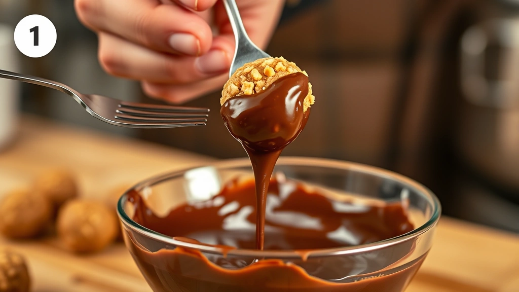 process: hands dipping peanut butter ball into melted chocolate with fork, chocolate dripping off, bowl of melted chocolate visible, photorealistic, warm kitchen lighting, no text