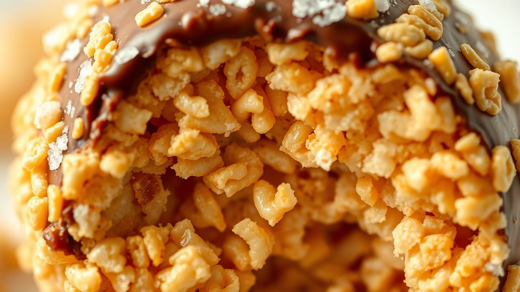 detail: close-up macro shot of single butterfinger ball with chocolate coating and sea salt crystal on top, broken in half showing crispy rice cereal texture and peanut butter layer, photorealistic, bright natural light, no text