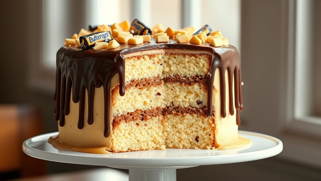 hero: stunning multi-layered Butterfinger cake with chocolate ganache dripping down sides, crushed Butterfinger candy pieces on top, sitting on white cake stand, photorealistic, natural window light, no text, shallow depth of field