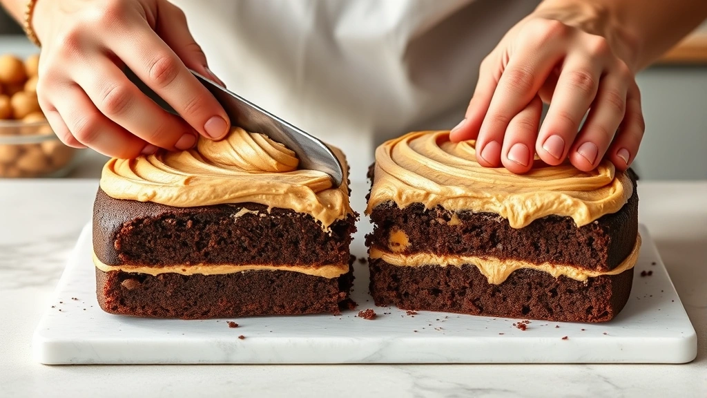 process: hands spreading peanut butter frosting between two chocolate cake layers with bench scraper, Butterfinger pieces visible in frosting, photorealistic, natural kitchen light, no text