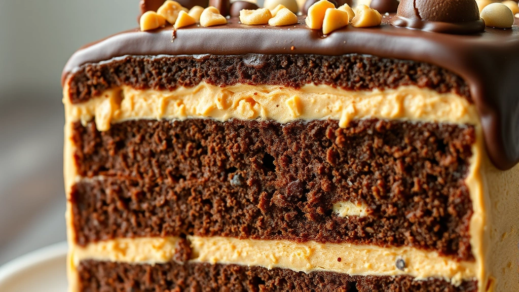 detail: close-up cross-section of Butterfinger cake showing all layers including chocolate cake, peanut butter frosting with candy pieces, and chocolate ganache, photorealistic, natural light, no text, macro photography
