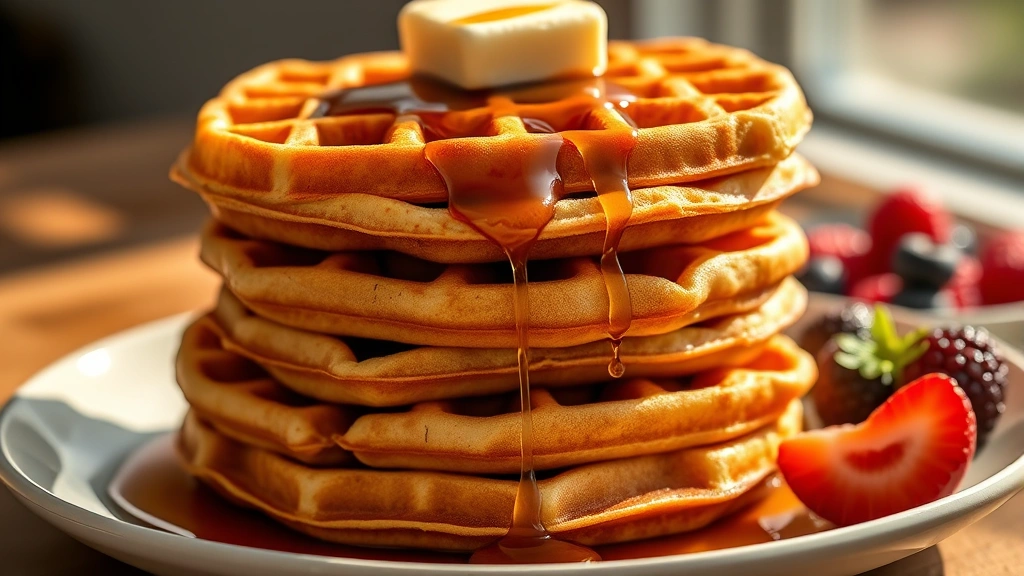 hero: stack of golden buttermilk waffles with butter and maple syrup dripping down, crispy exterior visible, fresh berries on the side, warm morning sunlight, no text, professional food photography