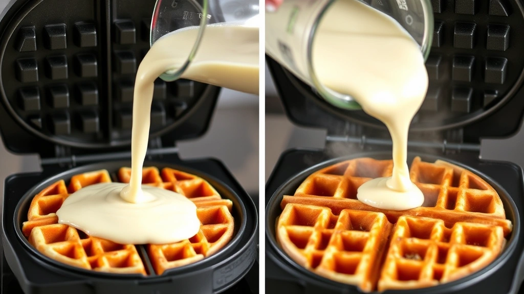 process: pouring buttermilk batter into a preheated waffle iron, steam rising, golden brown waffles cooking, close-up action shot, natural lighting, no text