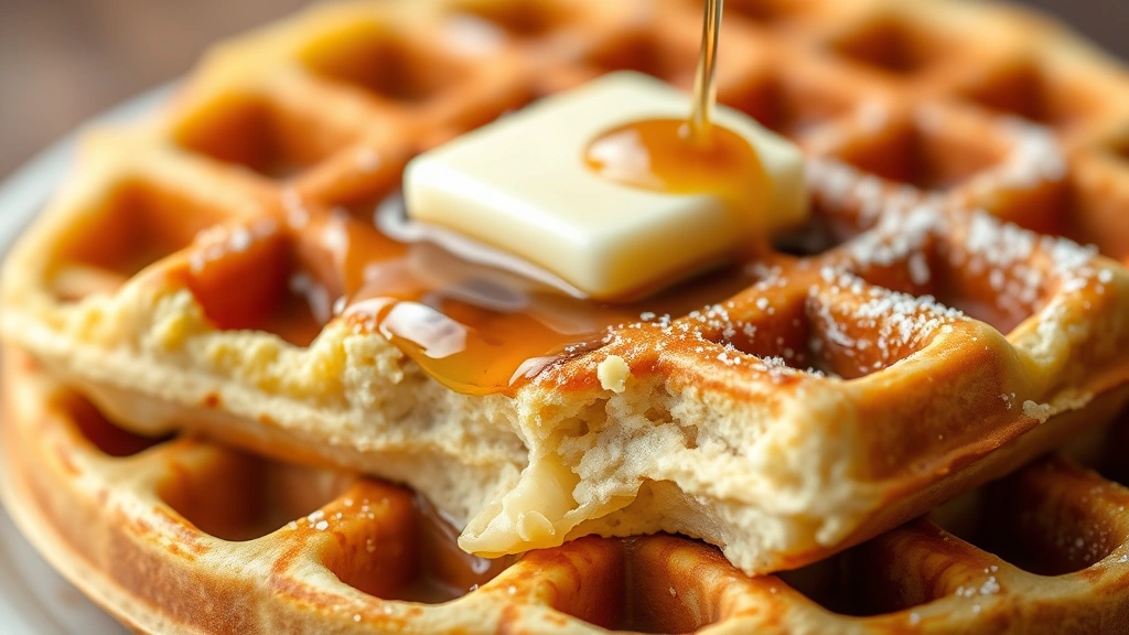 detail: close-up of a single waffle showing fluffy interior texture and crispy exterior, topped with melting butter and maple syrup, bokeh background, no text