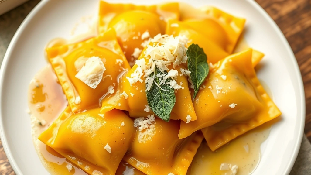 hero: golden butternut squash ravioli on white plate with brown butter sage sauce drizzled over top, fresh sage leaf garnish, grated Parmesan cheese, photorealistic, natural window light, top-down angle, no text