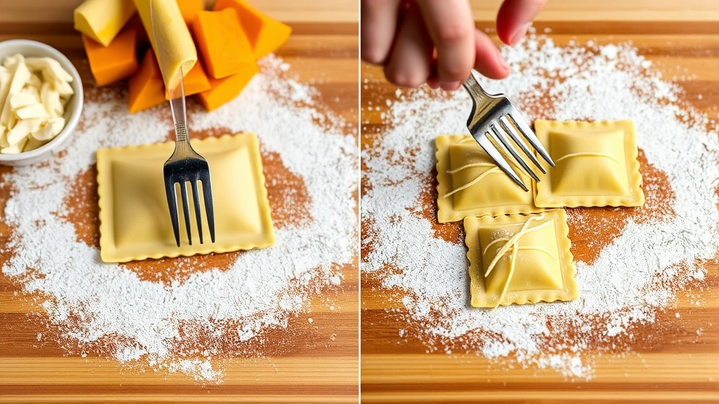 process: hands crimping edges of butternut squash ravioli with fork, flour dusted pasta squares, wooden cutting board, photorealistic, natural light, close-up angle, no text