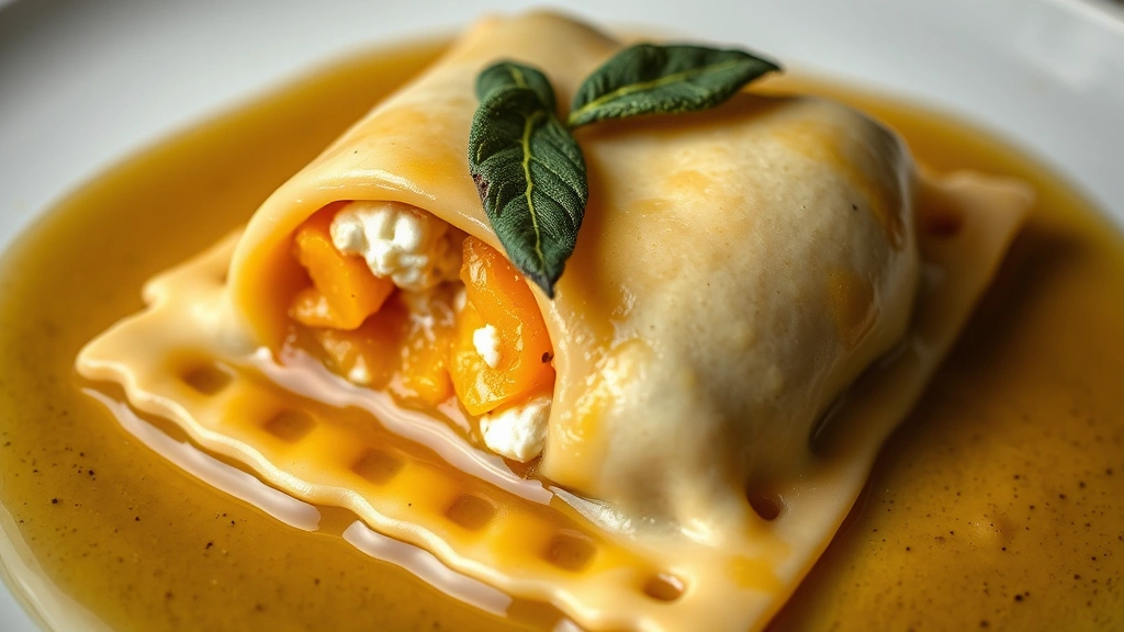 detail: close-up of single butternut squash ravioli cut in half showing orange filling with ricotta and sage, brown butter pooling around it, crispy sage leaf on top, photorealistic, macro photography, natural light, no text