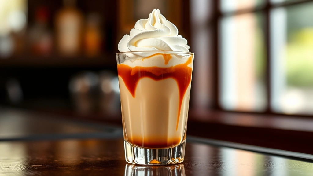 hero: Buttery Nipple shot in chilled shot glass with three distinct layers - butterscotch at bottom, Irish cream in middle, grenadine on top, whipped cream garnish, sitting on bar counter with soft natural window light, professional cocktail photography, no text or watermark