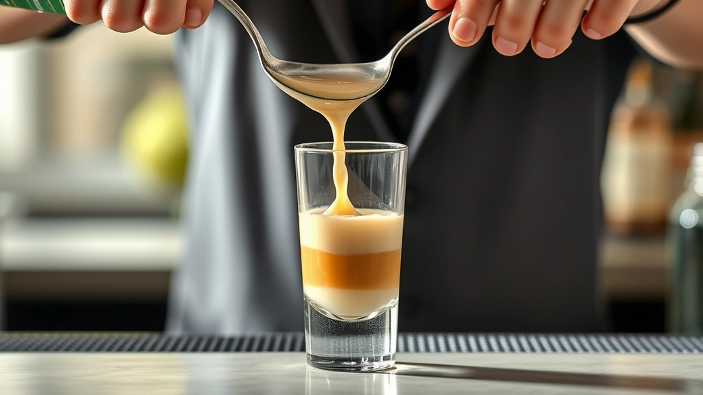 process: Pouring Irish cream liqueur over back of bar spoon into shot glass, creating beautiful layer separation, hands visible pouring carefully, natural backlighting, professional bartending technique, no text or watermark