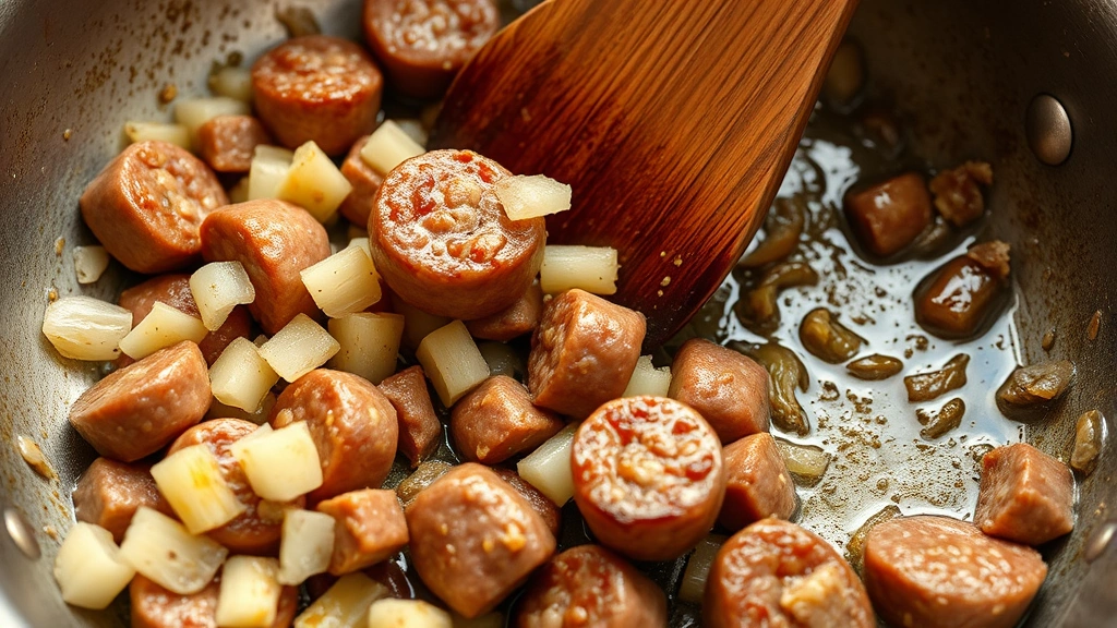 process: close-up of sausage browning in a skillet with diced onions, visible caramelization and fond on the pan bottom, wooden spoon stirring, bright natural lighting from above, photorealistic, no text