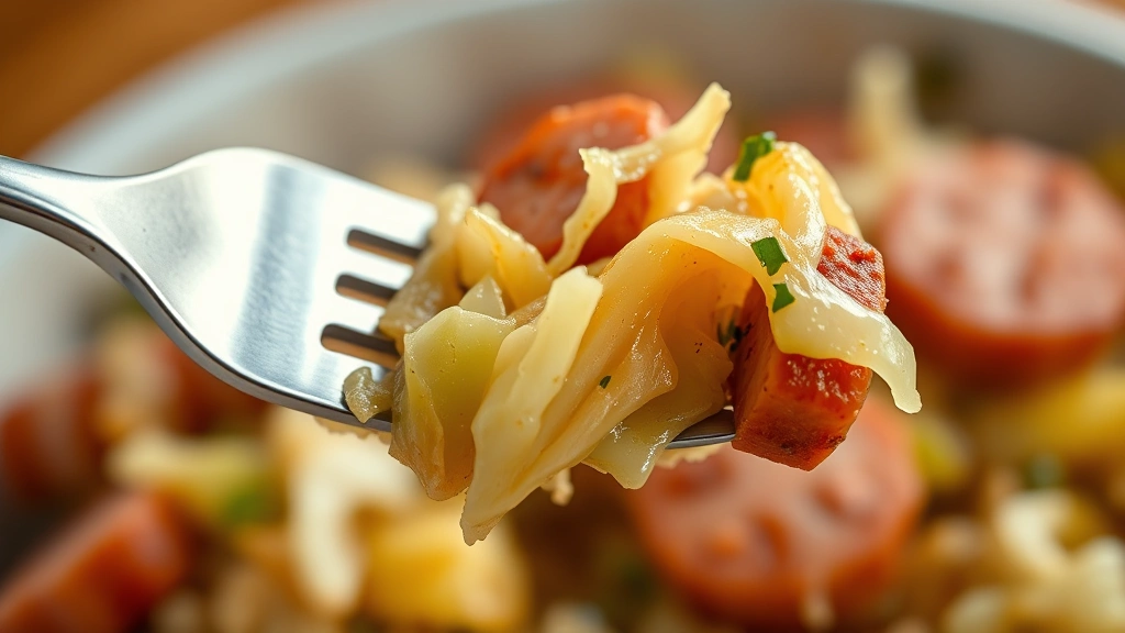 detail: extreme close-up of a forkful of the finished dish showing the texture of the cabbage and a piece of sausage, shallow depth of field, warm natural light highlighting the colors, photorealistic, no text