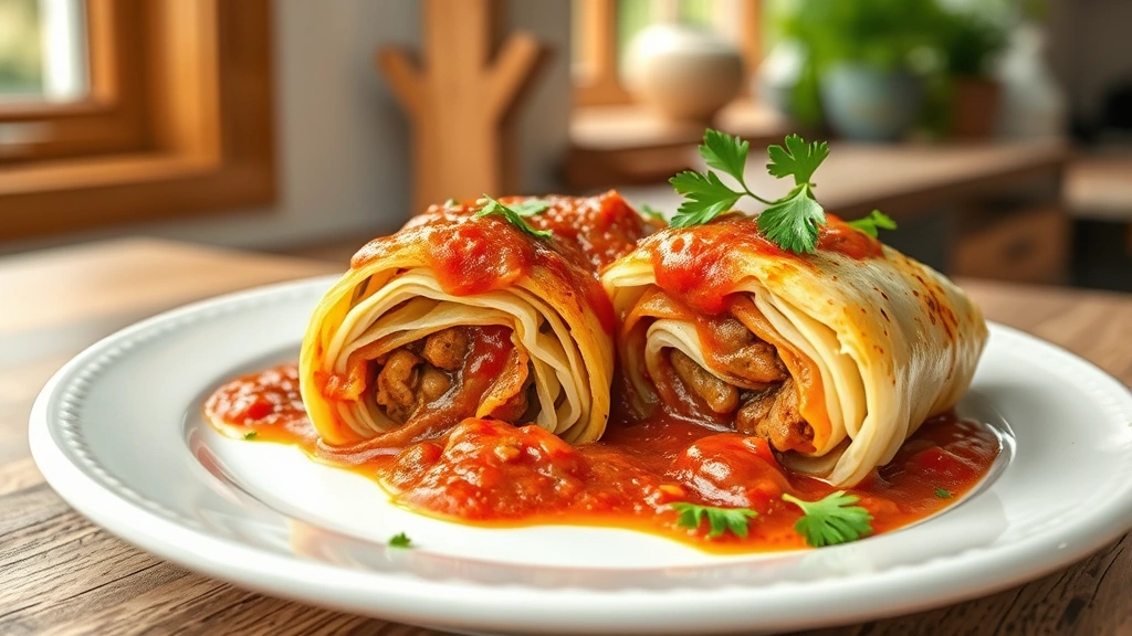 hero: plated vegan cabbage rolls cut in half showing filling, rich red tomato sauce, fresh parsley garnish, rustic white ceramic plate, natural window light, warm cozy kitchen setting, no text