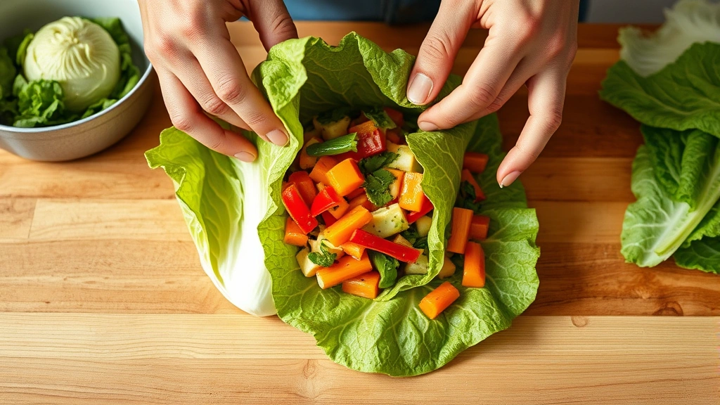 process: hands rolling filled cabbage leaf, vibrant vegetables visible in filling, in-progress assembly on wooden surface, warm natural light, cooking preparation action shot, no text