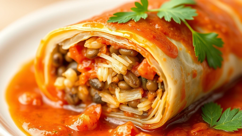 detail: close-up cross-section of single cabbage roll showing lentil and rice filling texture, tomato sauce, fresh herbs, shallow depth of field, no text