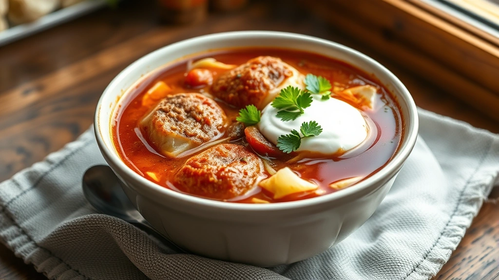 hero: steaming bowl of cabbage roll soup with ground beef, shredded cabbage, and tomato broth, garnished with fresh parsley and sour cream, photorealistic, natural window light, no text