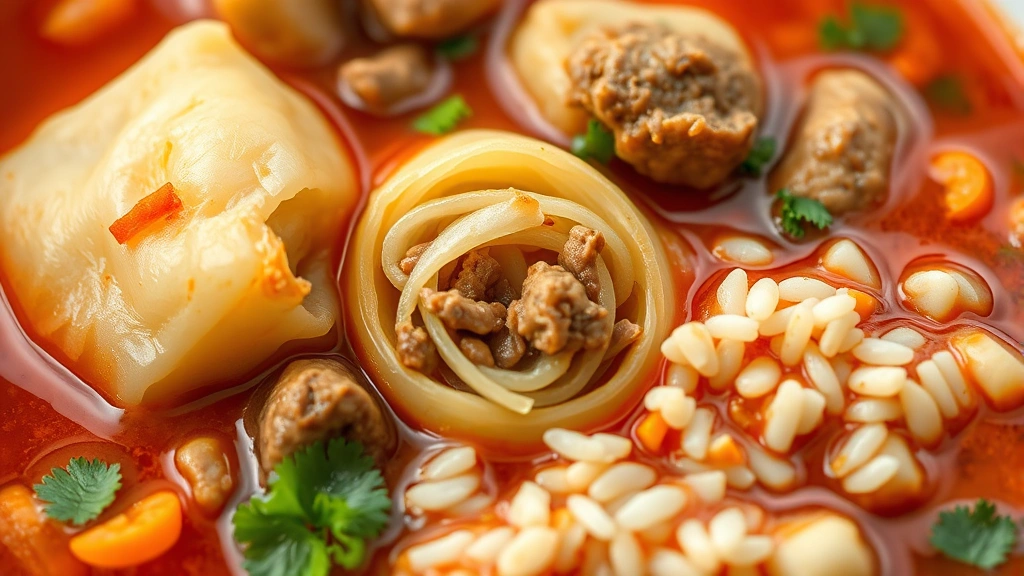 detail: close-up of cabbage roll soup showing tender cabbage pieces, beef, rice, and rich red broth, photorealistic, natural light, no text