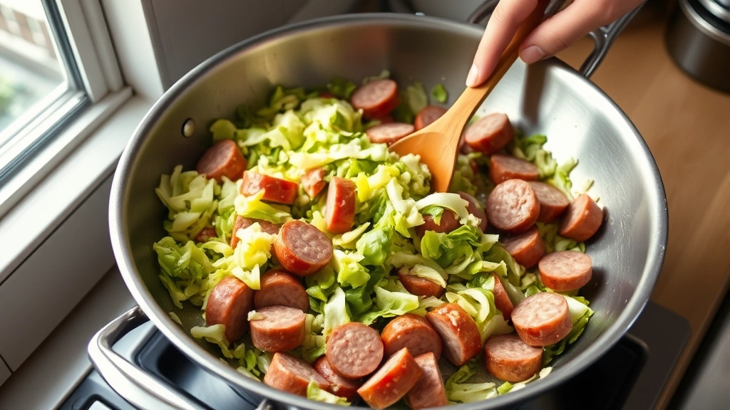 process: Hands stirring chopped green cabbage with sliced sausage in a large stainless steel skillet over medium heat, golden onions and garlic visible, mid-cooking stage, natural daylight through kitchen window, professional food photography style, no text