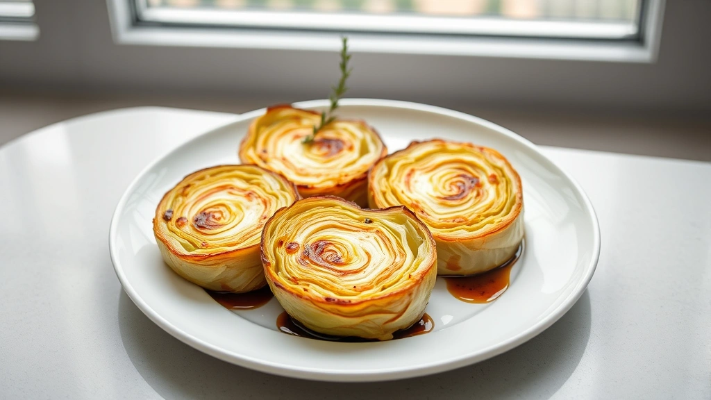 hero: four perfectly roasted cabbage steaks on white plate with caramelized edges, balsamic glaze, fresh thyme garnish, natural window light, clean minimalist plating
