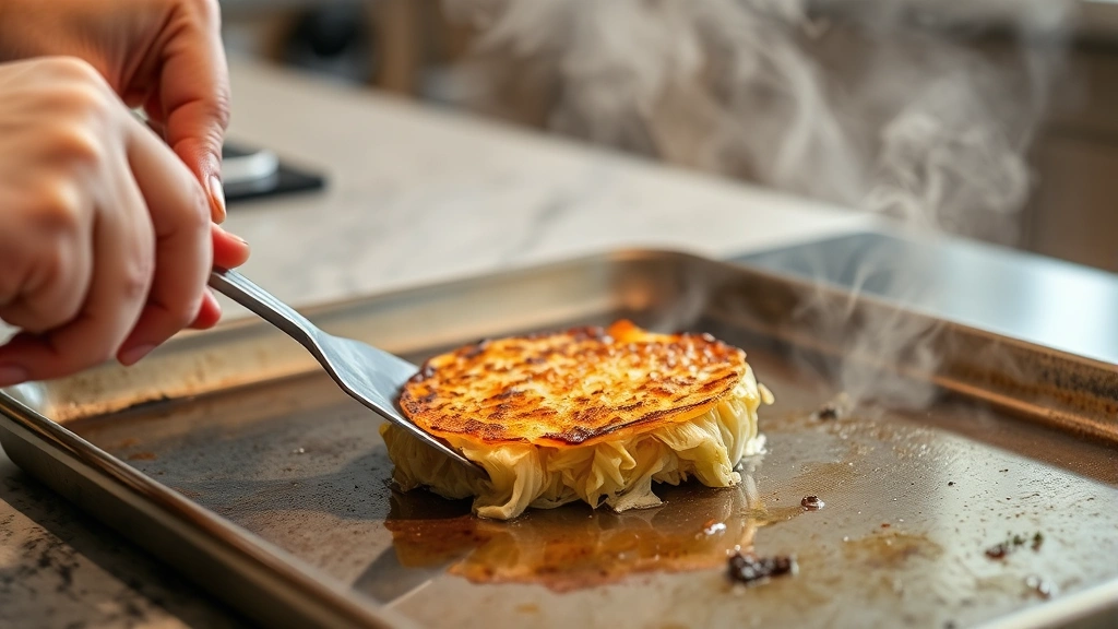 process: hands flipping golden-brown cabbage steak with thin metal spatula on baking sheet, kitchen counter, steam rising, warm lighting