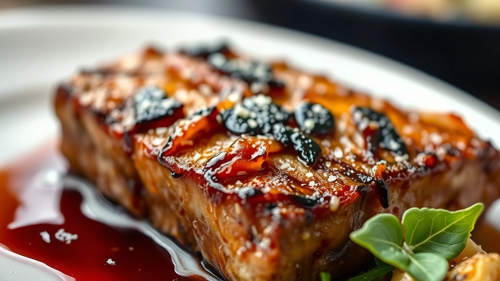 detail: close-up of crispy caramelized cabbage steak edge with balsamic glaze pooling, fleur de sel crystals, fresh thyme leaf, shallow depth of field