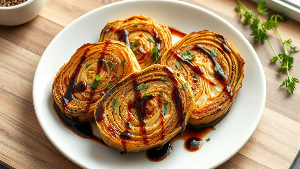 hero: golden-brown roasted cabbage steaks on white plate with fresh herbs and balsamic drizzle, photorealistic, natural window light, no text, overhead angle