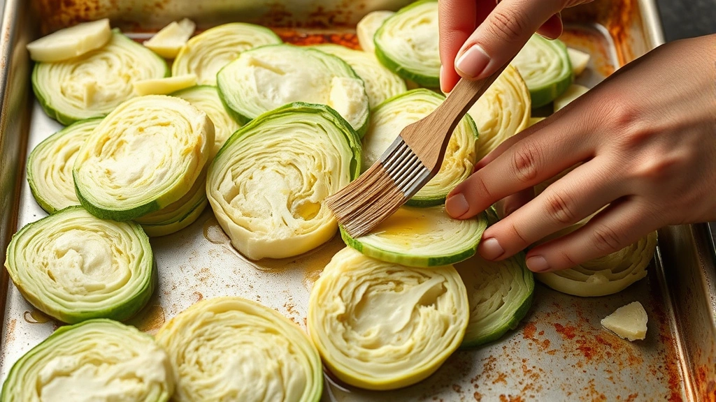 process: hands brushing olive oil on thick cabbage slices on baking sheet, photorealistic, natural kitchen light, no text, close action shot