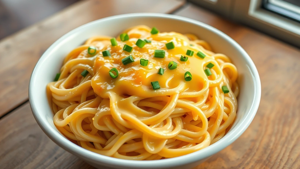hero: creamy cafeteria noodles in a white ceramic bowl with melted cheese sauce coating every noodle, golden butter sheen, fresh chives scattered on top, photorealistic, natural window light, no text, rustic wooden table background