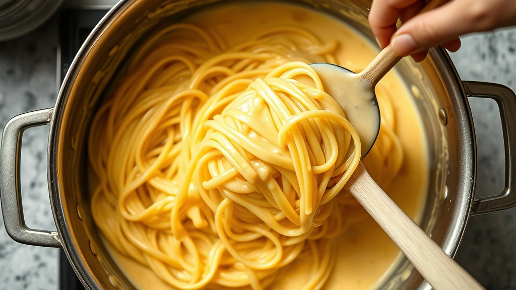 process: hands folding cooked egg noodles into silky cheese sauce in a large saucepan, creamy sauce coating spatula, photorealistic, natural kitchen light, no text, close action shot