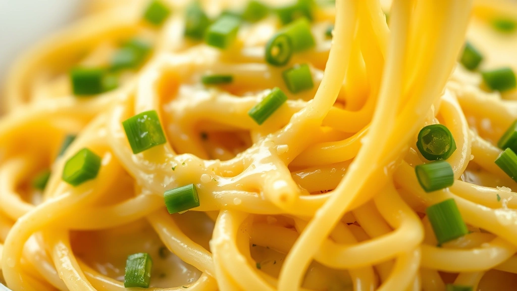 detail: extreme close-up of creamy cheese-coated noodle with fresh chive garnish, melted cheese strings visible, photorealistic macro shot, natural light, no text, shallow depth of field