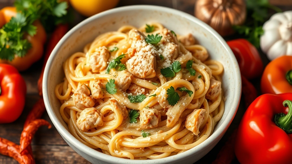 hero: steaming bowl of cajun chicken pasta with creamy sauce, garnished with fresh parsley and parmesan, surrounded by ingredients like bell peppers and garlic, photorealistic, natural warm lighting, no text