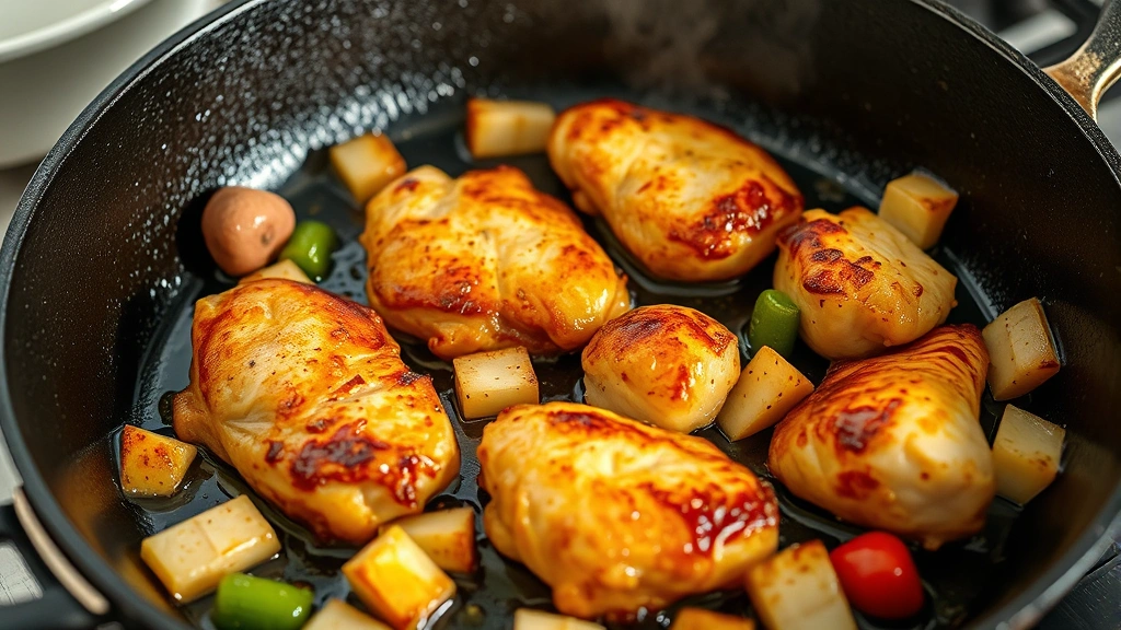 process: golden-brown chicken pieces being seared in a cast iron skillet with aromatic vegetables, oil glistening, photorealistic, natural kitchen lighting, no text