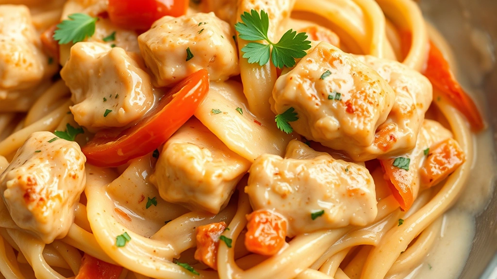 detail: close-up of creamy cajun sauce coating fettuccine pasta with chicken pieces and red bell peppers, fresh parsley garnish visible, photorealistic, natural light, no text